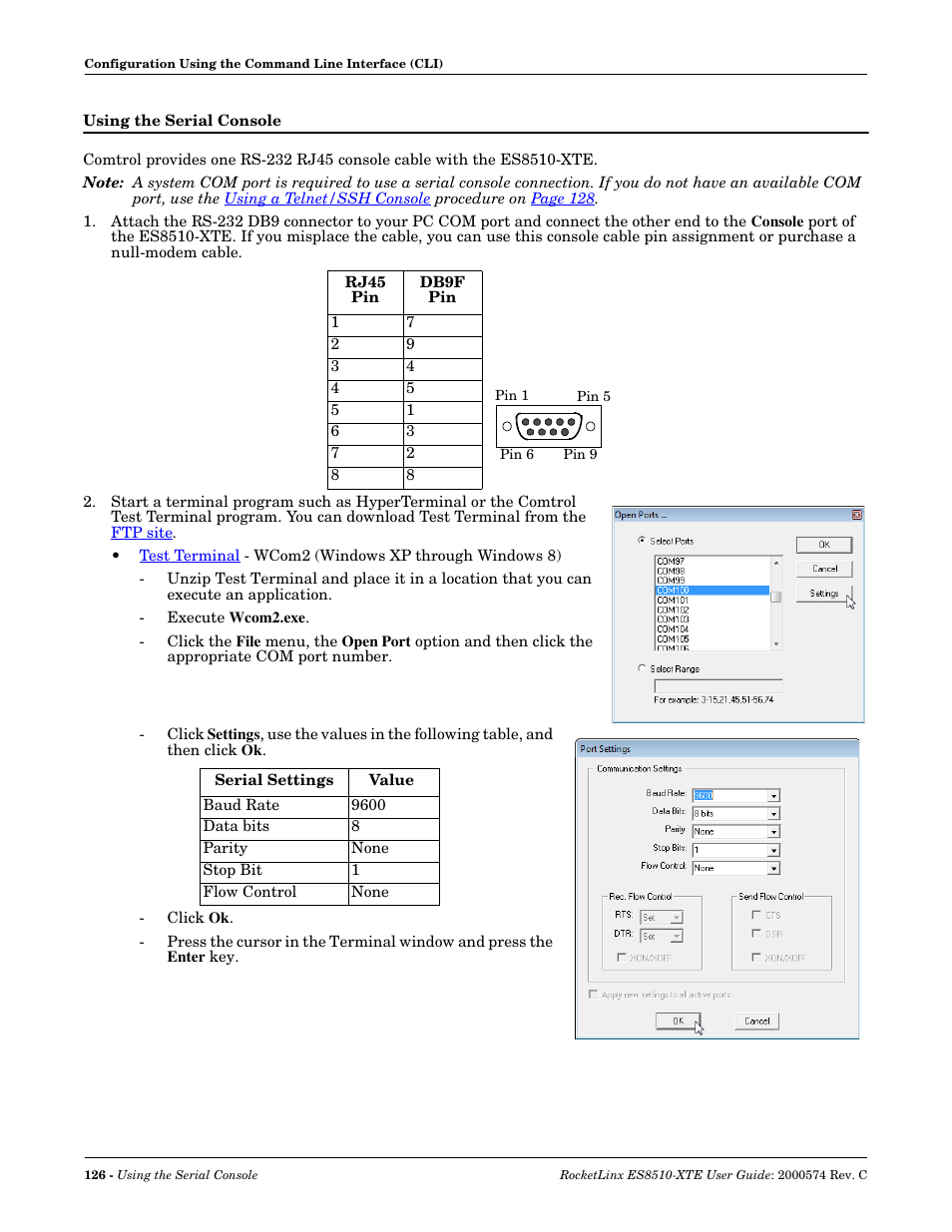 Using the serial console | Comtrol ES8510-XTE User Manual | Page 126 / 206