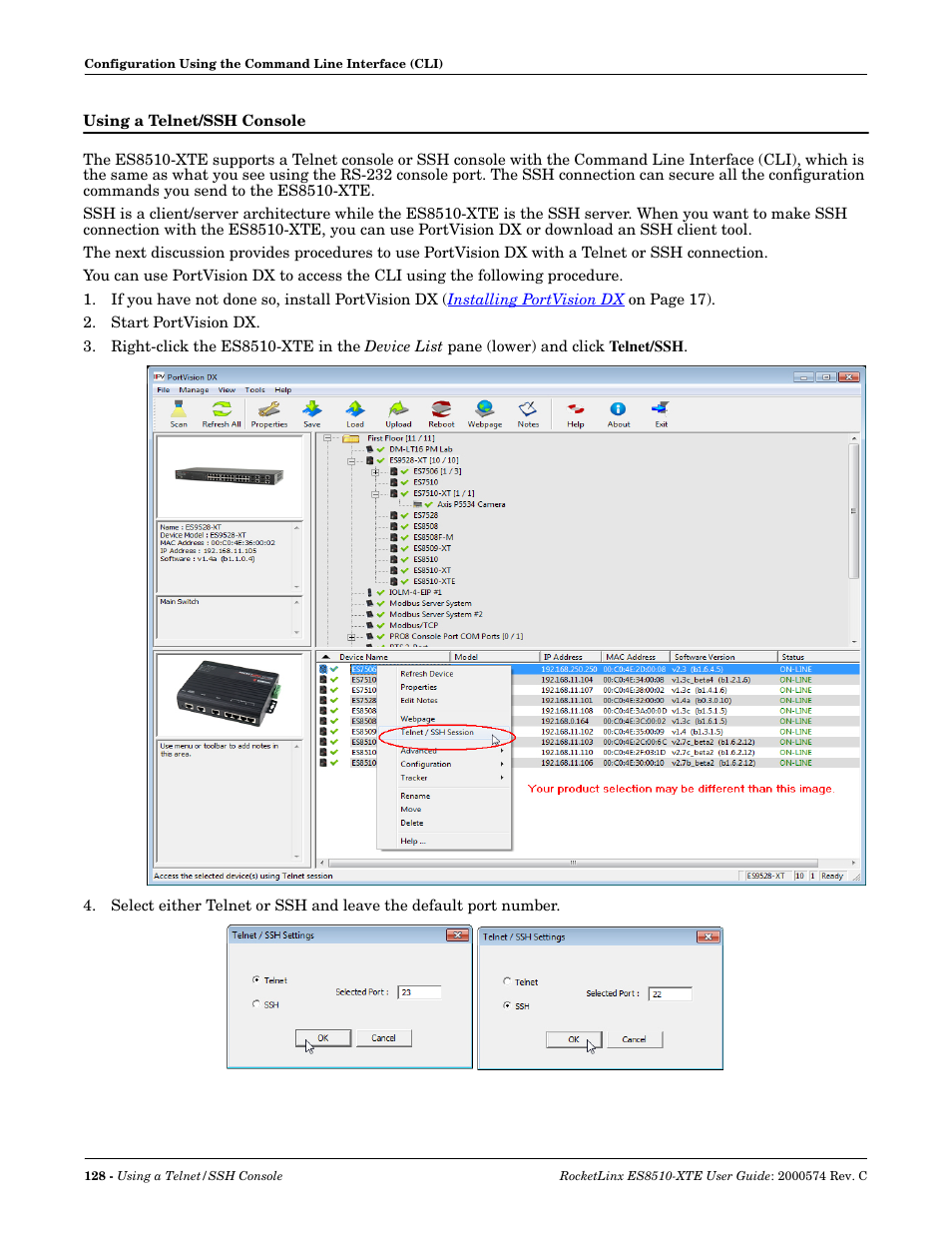 Using a telnet/ssh console | Comtrol ES8510-XTE User Manual | Page 128 / 206