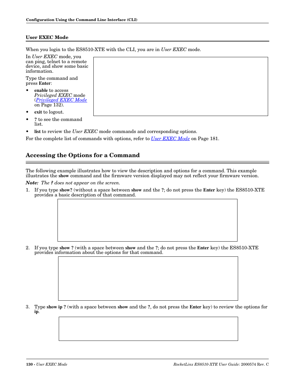 User exec mode, Accessing the options for a command | Comtrol ES8510-XTE User Manual | Page 130 / 206