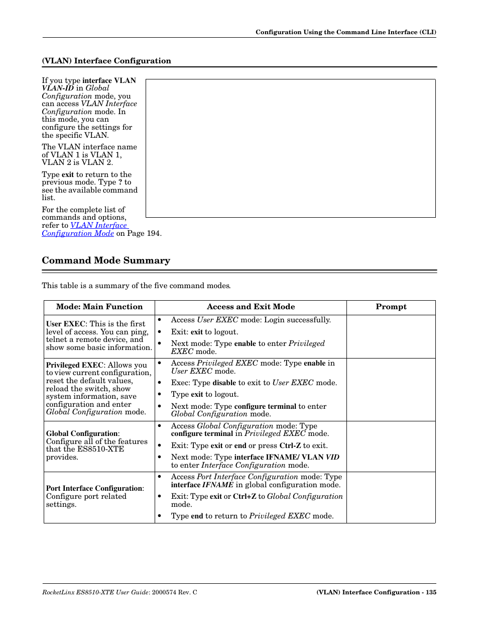 Vlan) interface configuration, Command mode summary | Comtrol ES8510-XTE User Manual | Page 135 / 206
