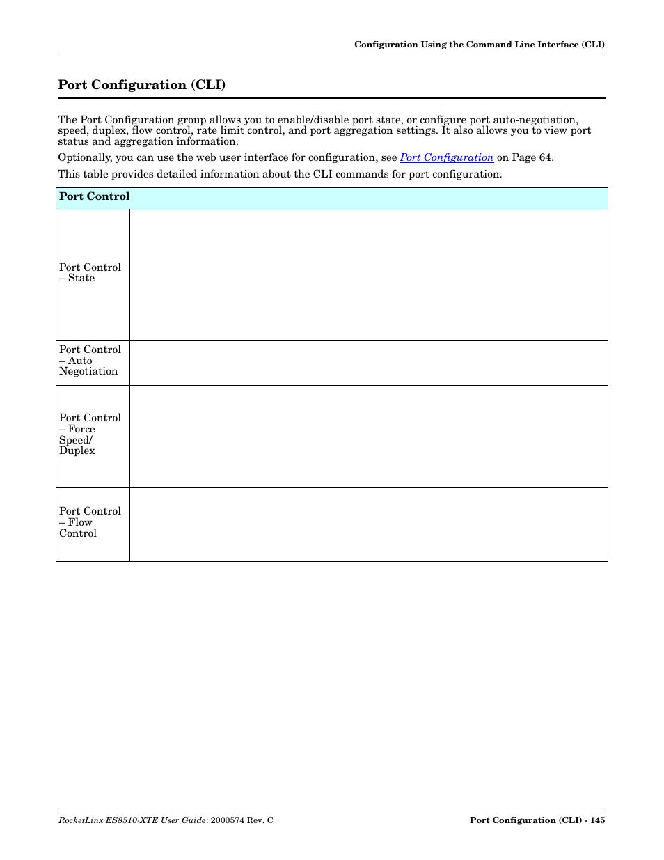 Port configuration (cli) | Comtrol ES8510-XTE User Manual | Page 145 / 206
