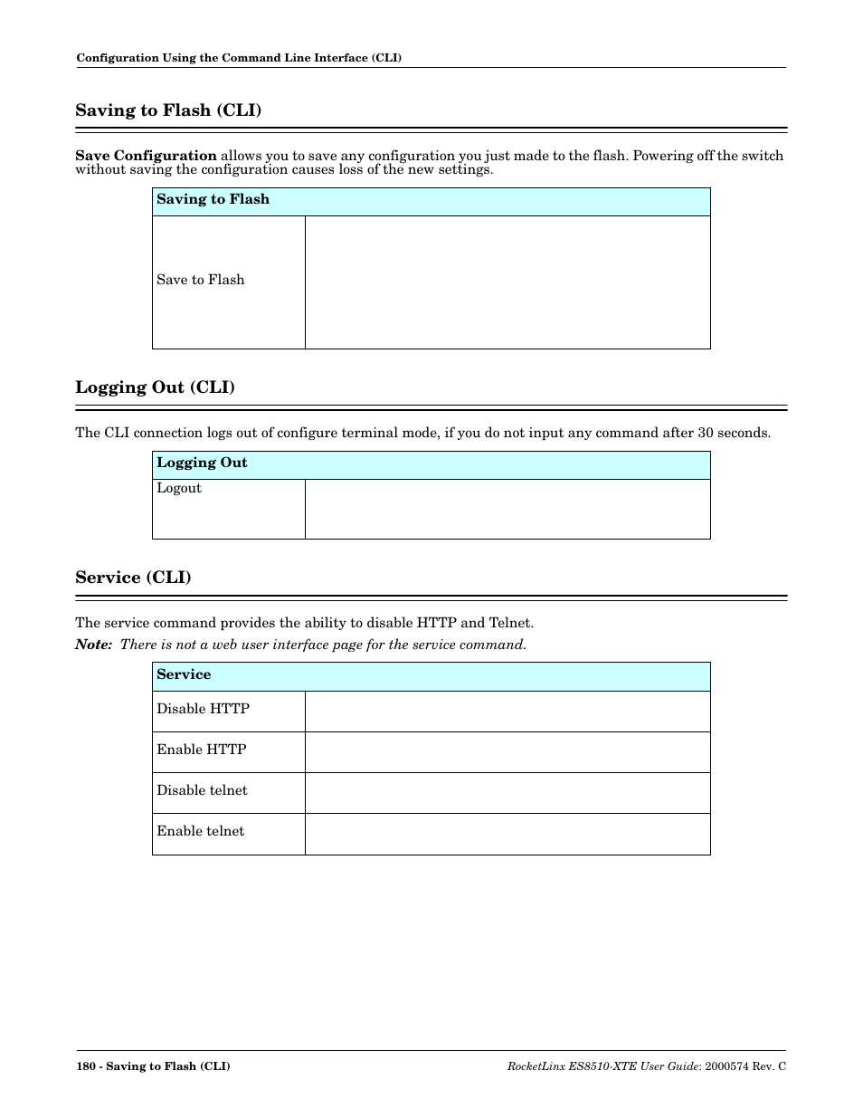 Saving to flash (cli), Logging out (cli), Service (cli) | Comtrol ES8510-XTE User Manual | Page 180 / 206