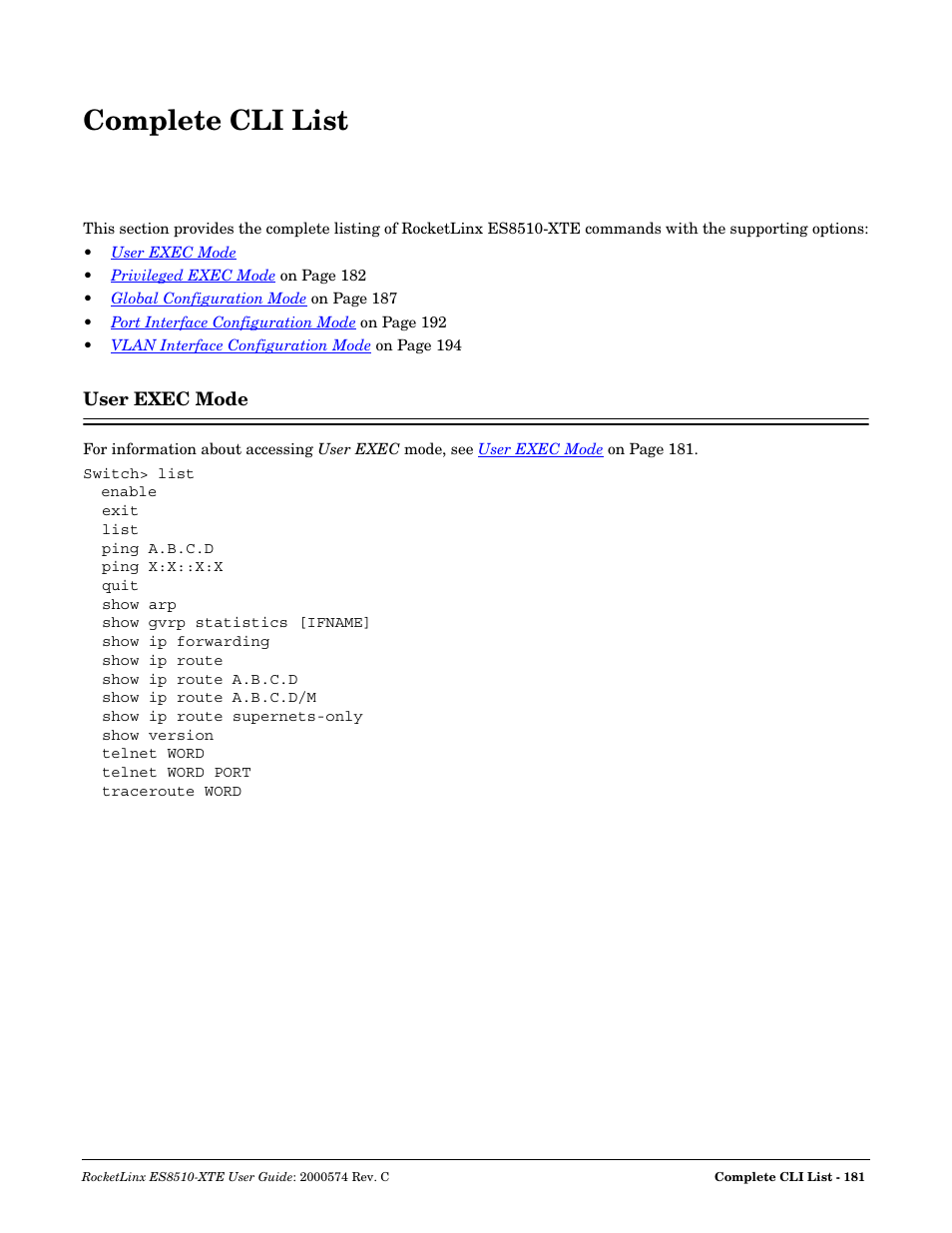 Complete cli list, User exec mode | Comtrol ES8510-XTE User Manual | Page 181 / 206