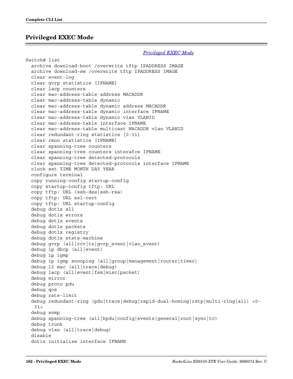 Privileged exec mode | Comtrol ES8510-XTE User Manual | Page 182 / 206