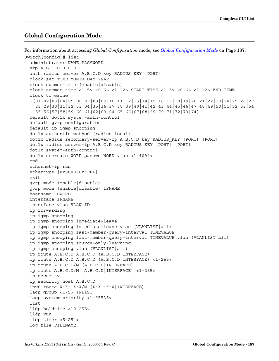 Global configuration mode | Comtrol ES8510-XTE User Manual | Page 187 / 206