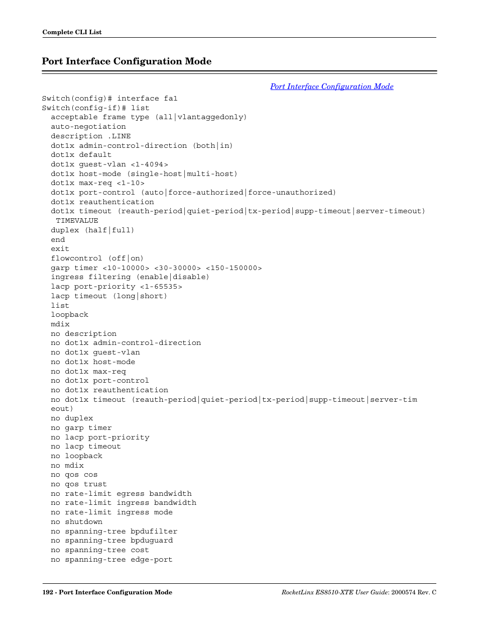 Port interface configuration mode | Comtrol ES8510-XTE User Manual | Page 192 / 206