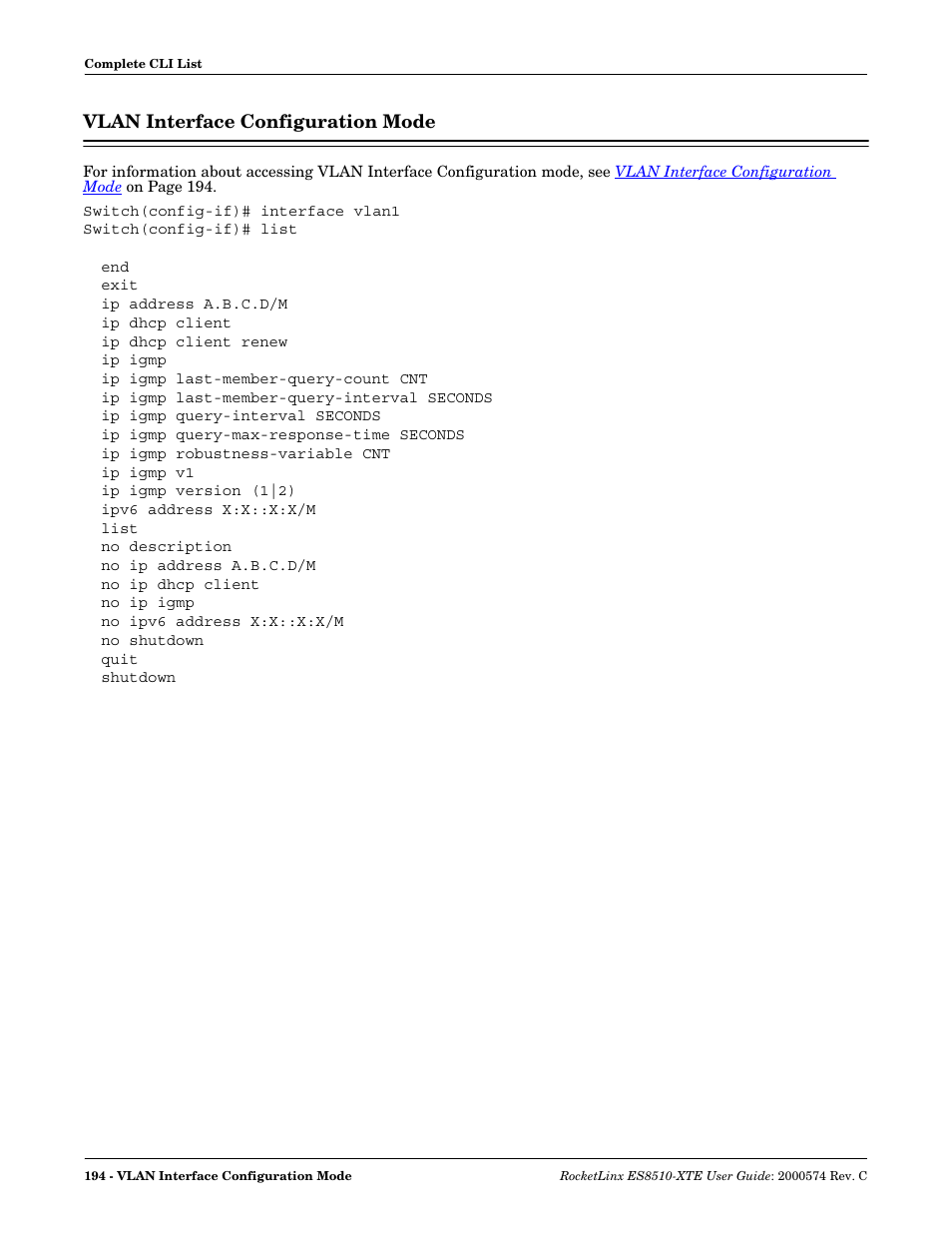 Vlan interface configuration mode, Refer to, Vlan interface | Configuration mode | Comtrol ES8510-XTE User Manual | Page 194 / 206