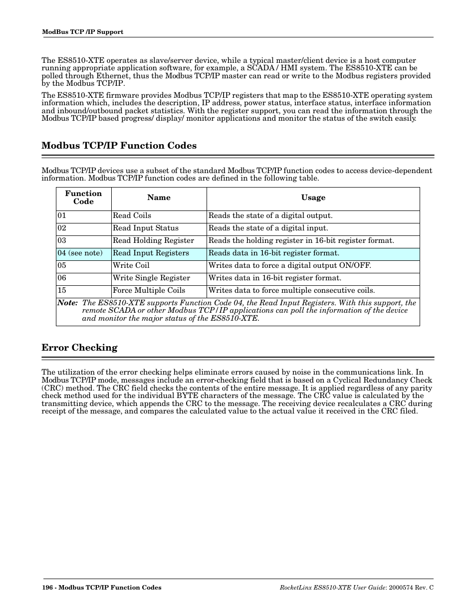 Modbus tcp/ip function codes, Error checking, Modbus tcp/ip function codes error checking | Comtrol ES8510-XTE User Manual | Page 196 / 206