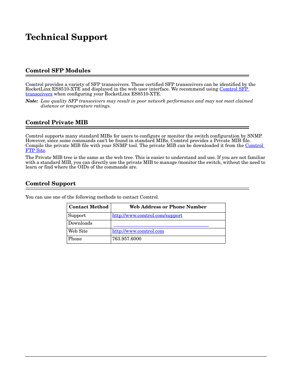 Technical support, Comtrol sfp modules, Comtrol private mib | Comtrol support | Comtrol ES8510-XTE User Manual | Page 205 / 206