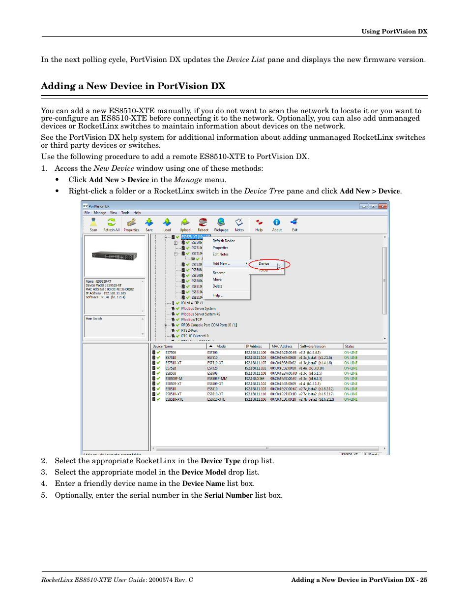 Adding a new device in portvision dx | Comtrol ES8510-XTE User Manual | Page 25 / 206