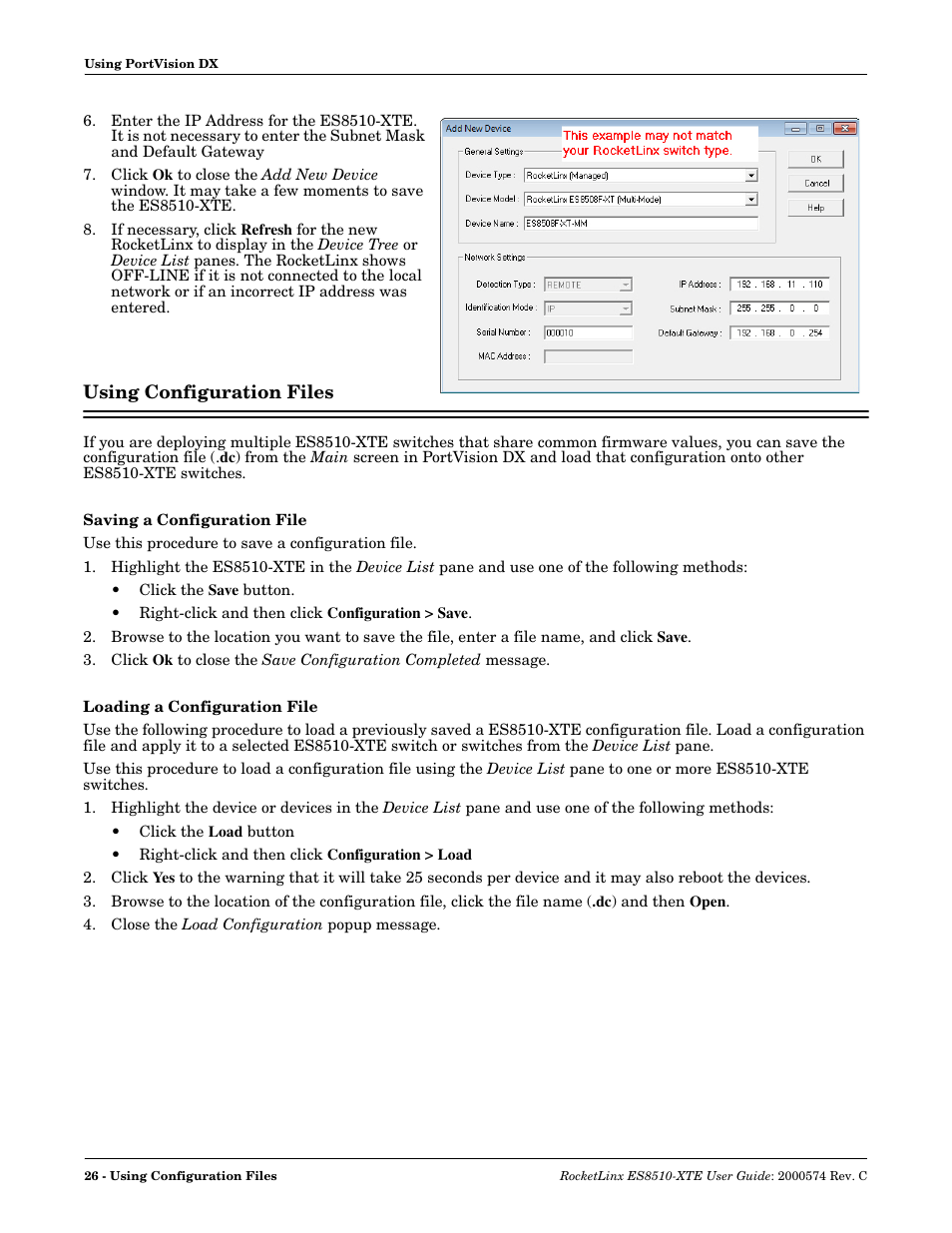 Using configuration files, Saving a configuration file, Loading a configuration file | Using, Configuration files | Comtrol ES8510-XTE User Manual | Page 26 / 206