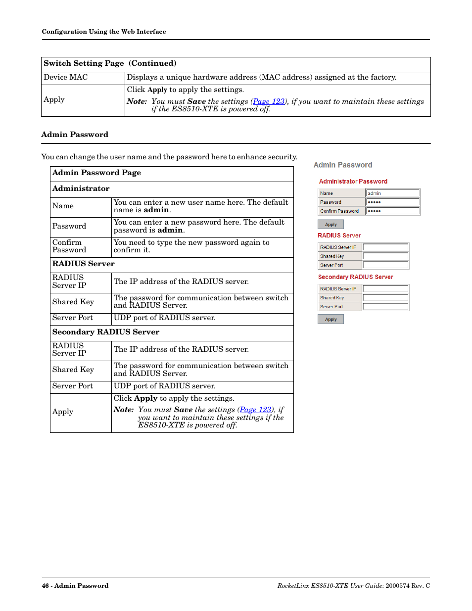 Admin password | Comtrol ES8510-XTE User Manual | Page 46 / 206