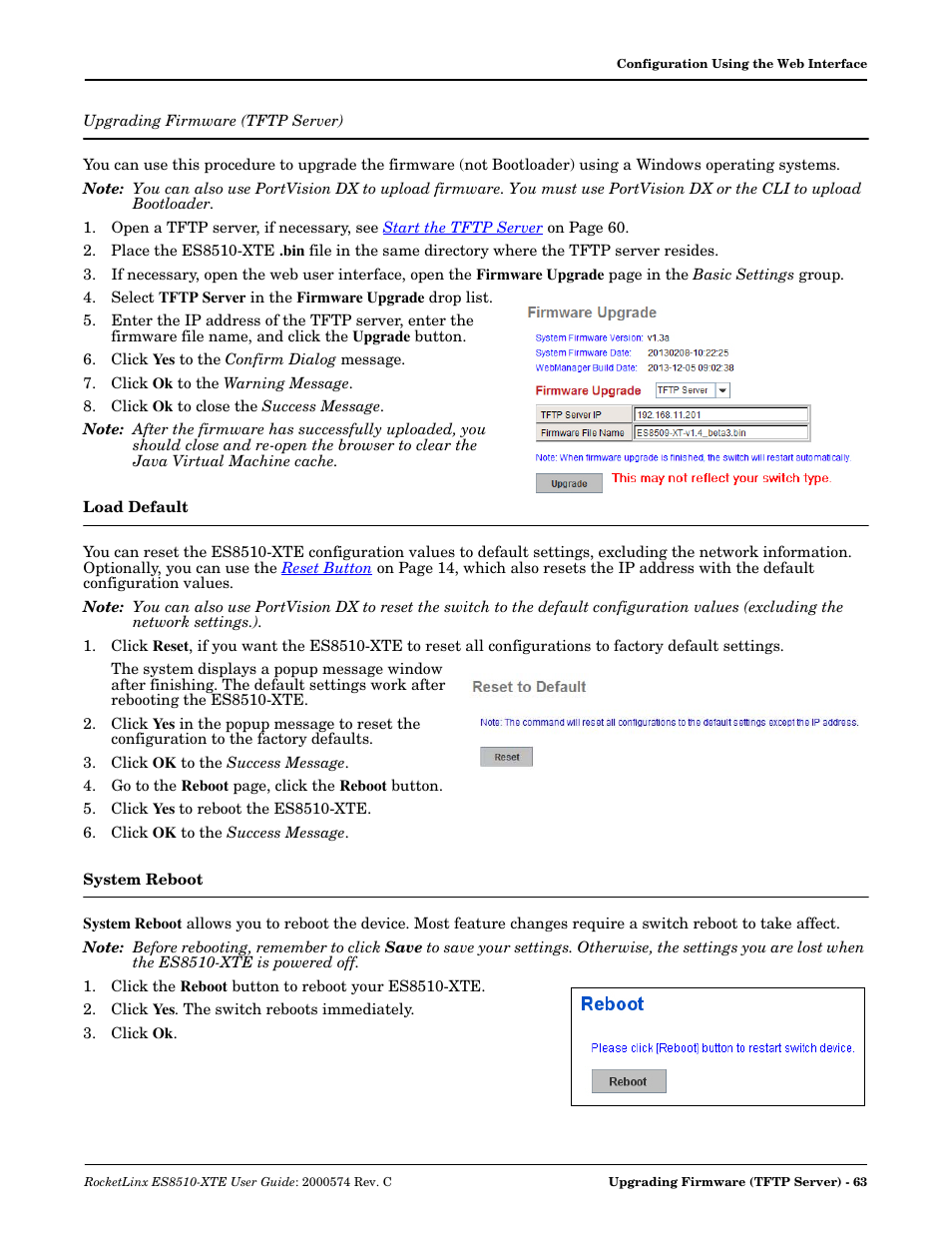 Upgrading firmware (tftp server), Load default, System reboot | Load default system reboot, Or the | Comtrol ES8510-XTE User Manual | Page 63 / 206