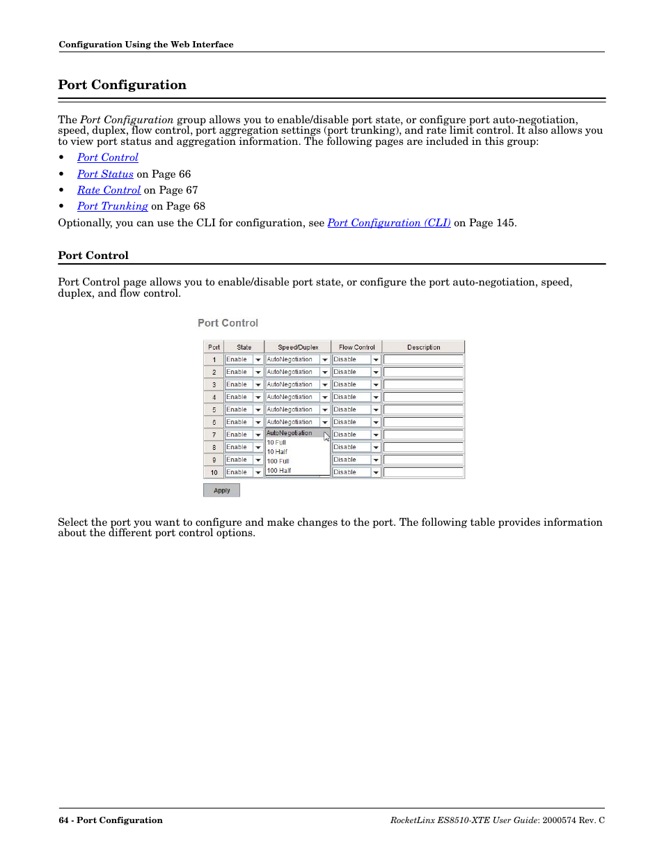 Port configuration, Port control | Comtrol ES8510-XTE User Manual | Page 64 / 206