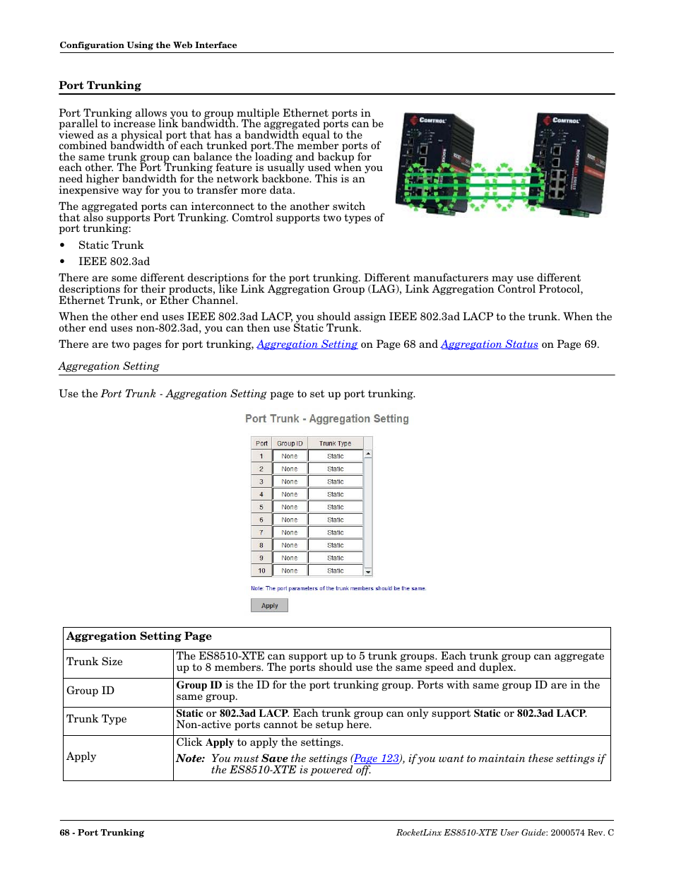 Port trunking, Aggregation setting | Comtrol ES8510-XTE User Manual | Page 68 / 206