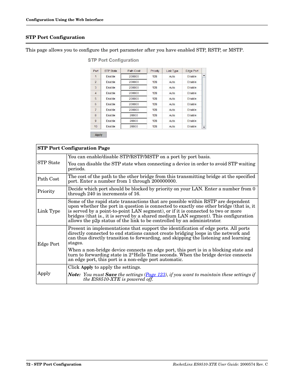Stp port configuration | Comtrol ES8510-XTE User Manual | Page 72 / 206