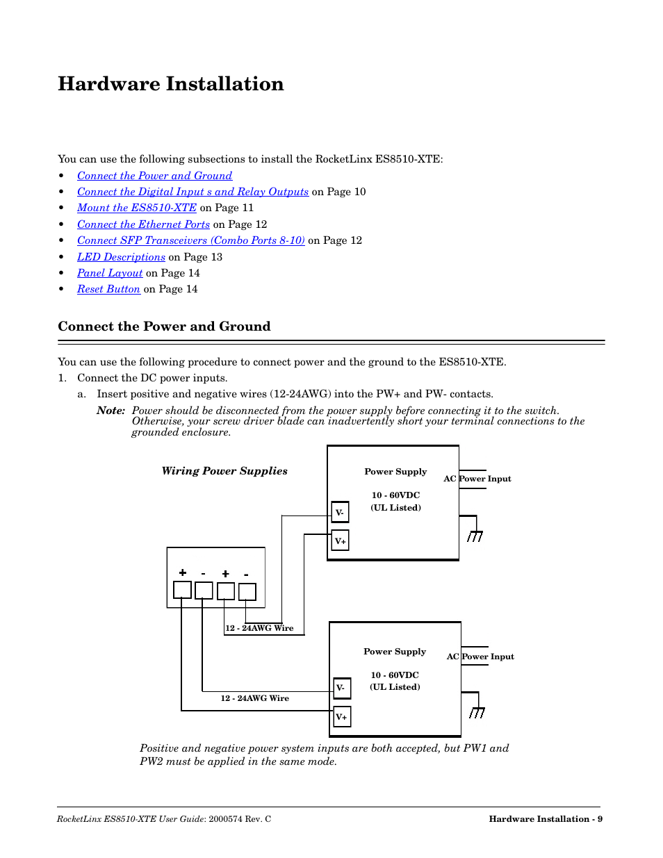 Hardware installation, Connect the power and ground | Comtrol ES8510-XTE User Manual | Page 9 / 206