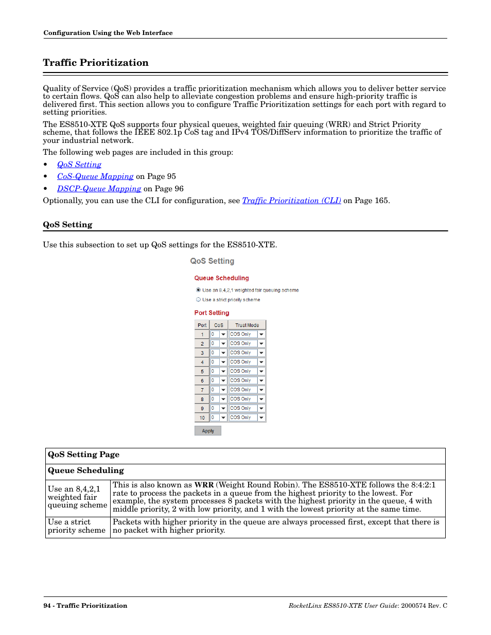 Traffic prioritization, Qos setting | Comtrol ES8510-XTE User Manual | Page 94 / 206