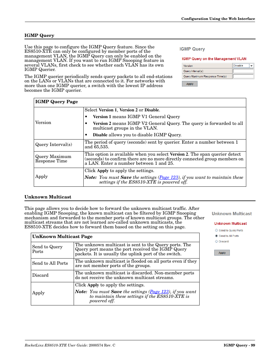 Igmp query, Unknown multicast, Igmp query unknown multicast | Comtrol ES8510-XTE User Manual | Page 99 / 206