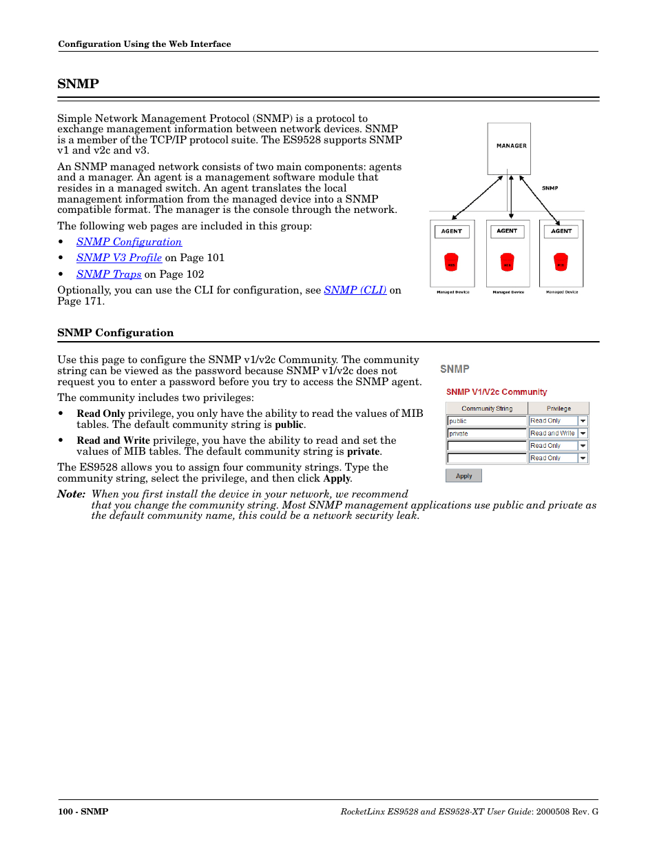 Snmp, Snmp configuration | Comtrol ES9528-XT User Guide User Manual | Page 100 / 212