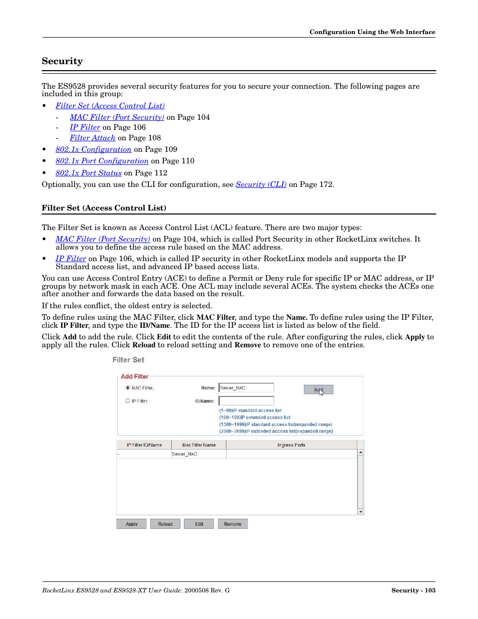 Security, Filter set (access control list) | Comtrol ES9528-XT User Guide User Manual | Page 103 / 212