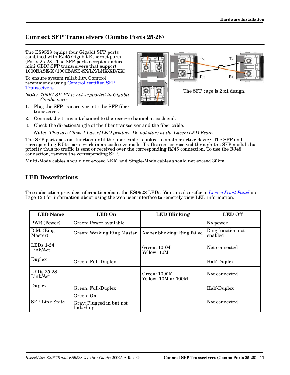 Connect sfp transceivers (combo ports 25-28), Led descriptions | Comtrol ES9528-XT User Guide User Manual | Page 11 / 212