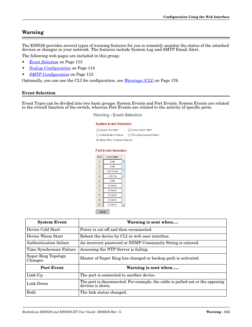 Warning, Event selection | Comtrol ES9528-XT User Guide User Manual | Page 113 / 212
