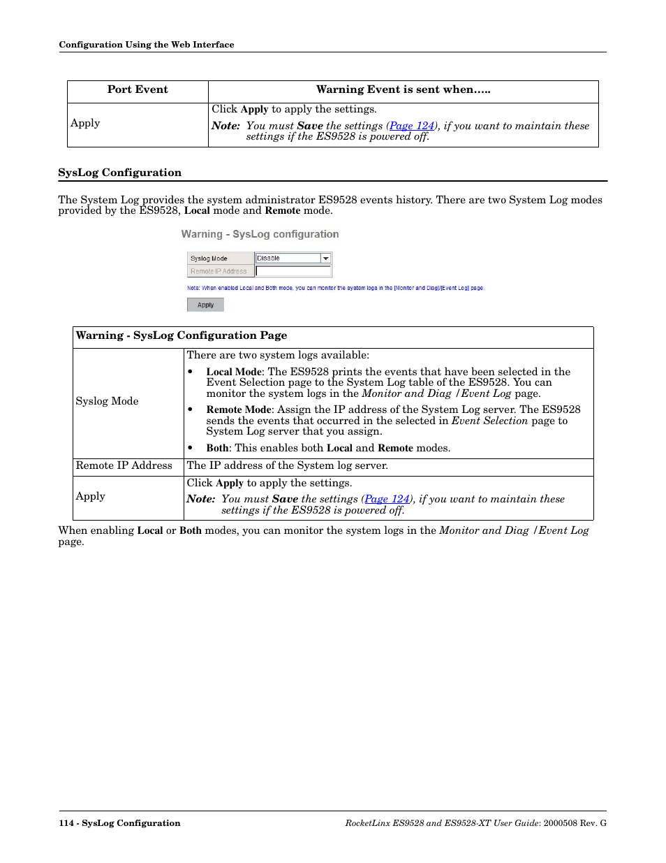 Syslog configuration | Comtrol ES9528-XT User Guide User Manual | Page 114 / 212