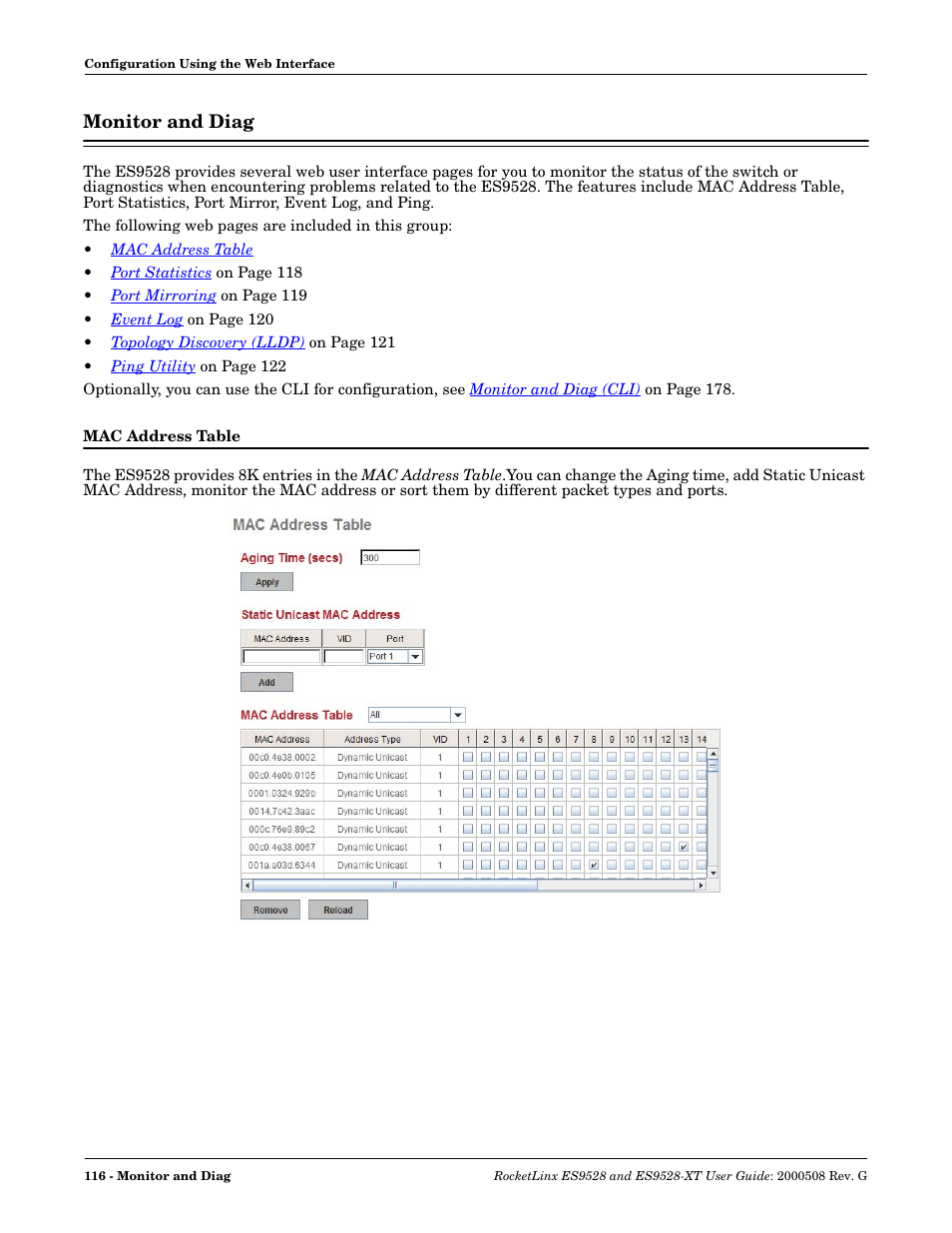 Monitor and diag, Mac address table | Comtrol ES9528-XT User Guide User Manual | Page 116 / 212