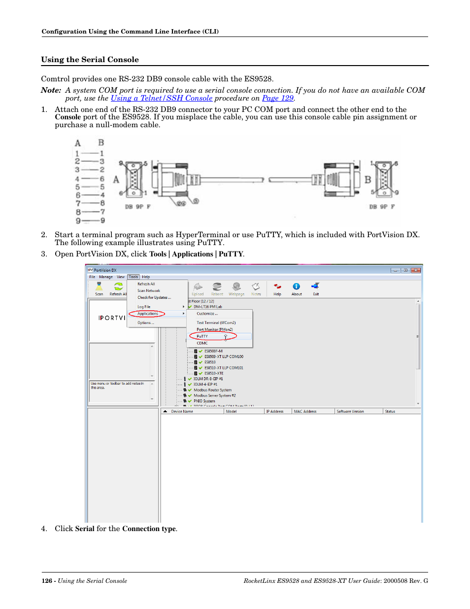 Using the serial console | Comtrol ES9528-XT User Guide User Manual | Page 126 / 212