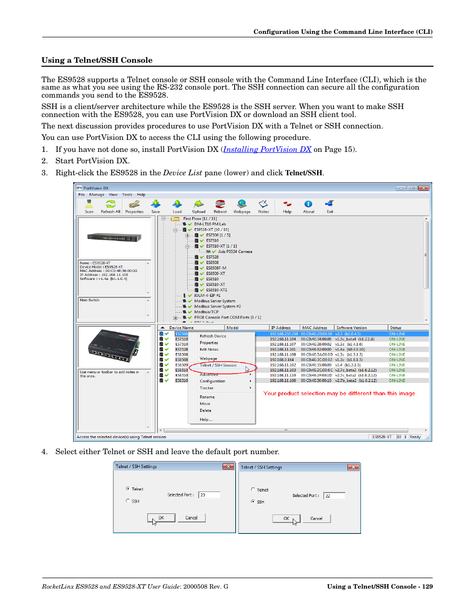 Using a telnet/ssh console | Comtrol ES9528-XT User Guide User Manual | Page 129 / 212