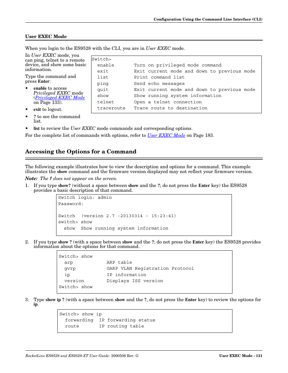 User exec mode, Accessing the options for a command | Comtrol ES9528-XT User Guide User Manual | Page 131 / 212
