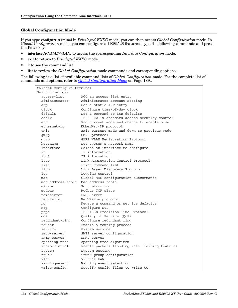 Global configuration mode | Comtrol ES9528-XT User Guide User Manual | Page 134 / 212