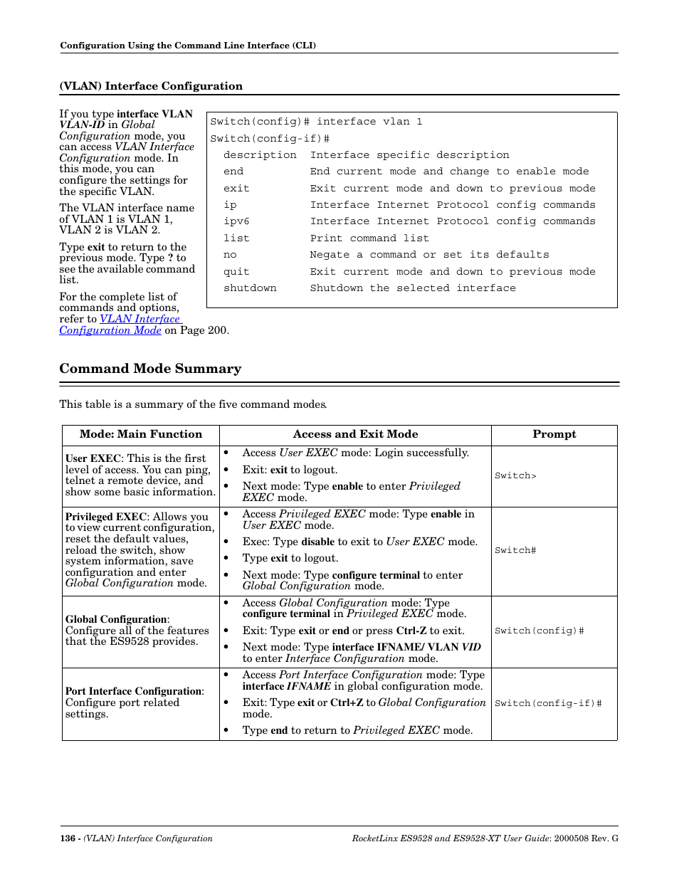 Vlan) interface configuration, Command mode summary | Comtrol ES9528-XT User Guide User Manual | Page 136 / 212