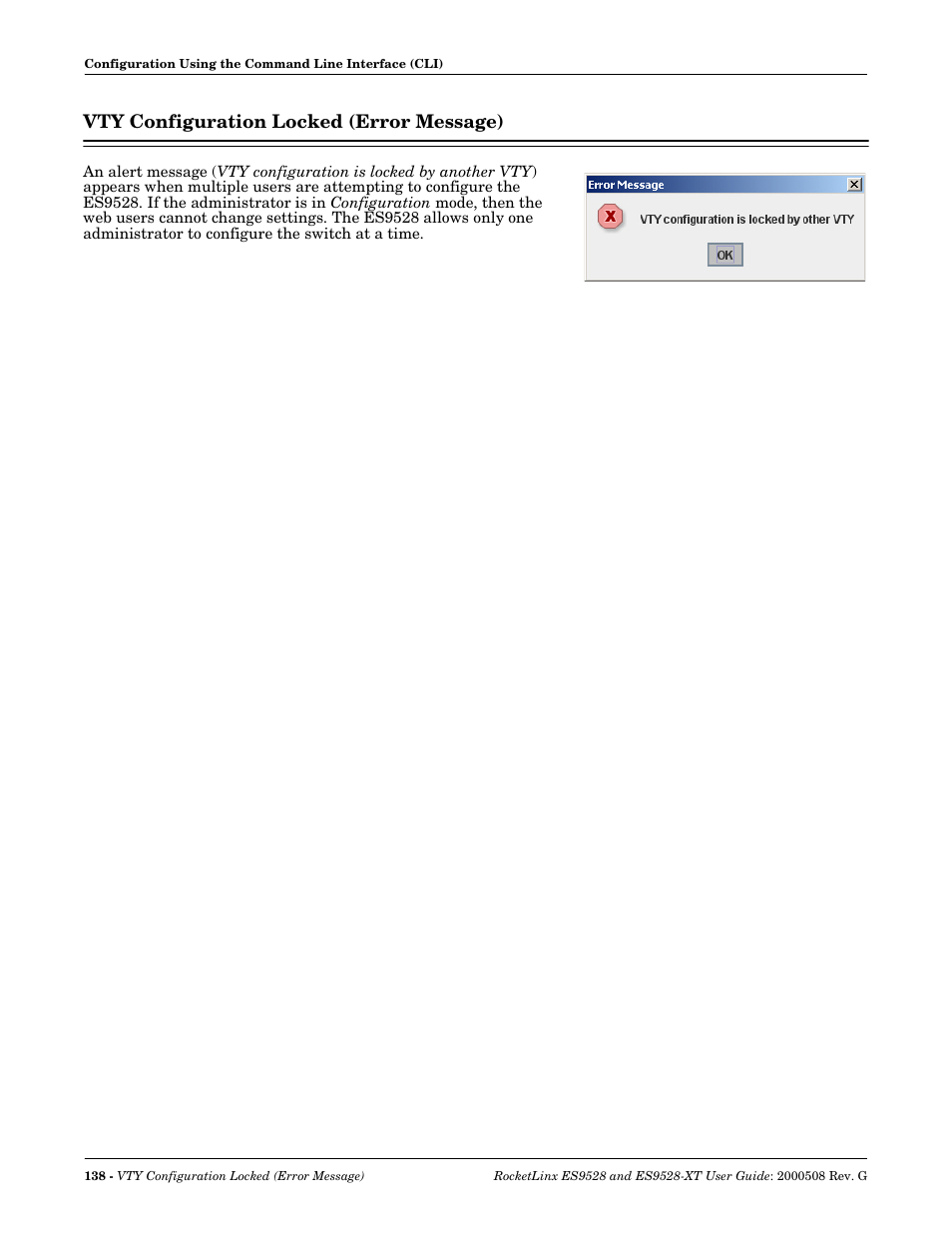 Vty configuration locked (error message) | Comtrol ES9528-XT User Guide User Manual | Page 138 / 212