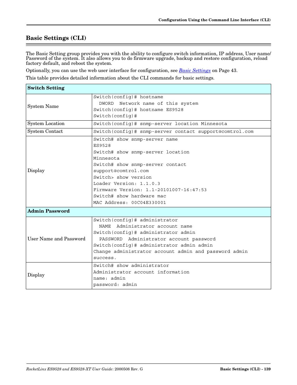 Basic settings (cli) | Comtrol ES9528-XT User Guide User Manual | Page 139 / 212