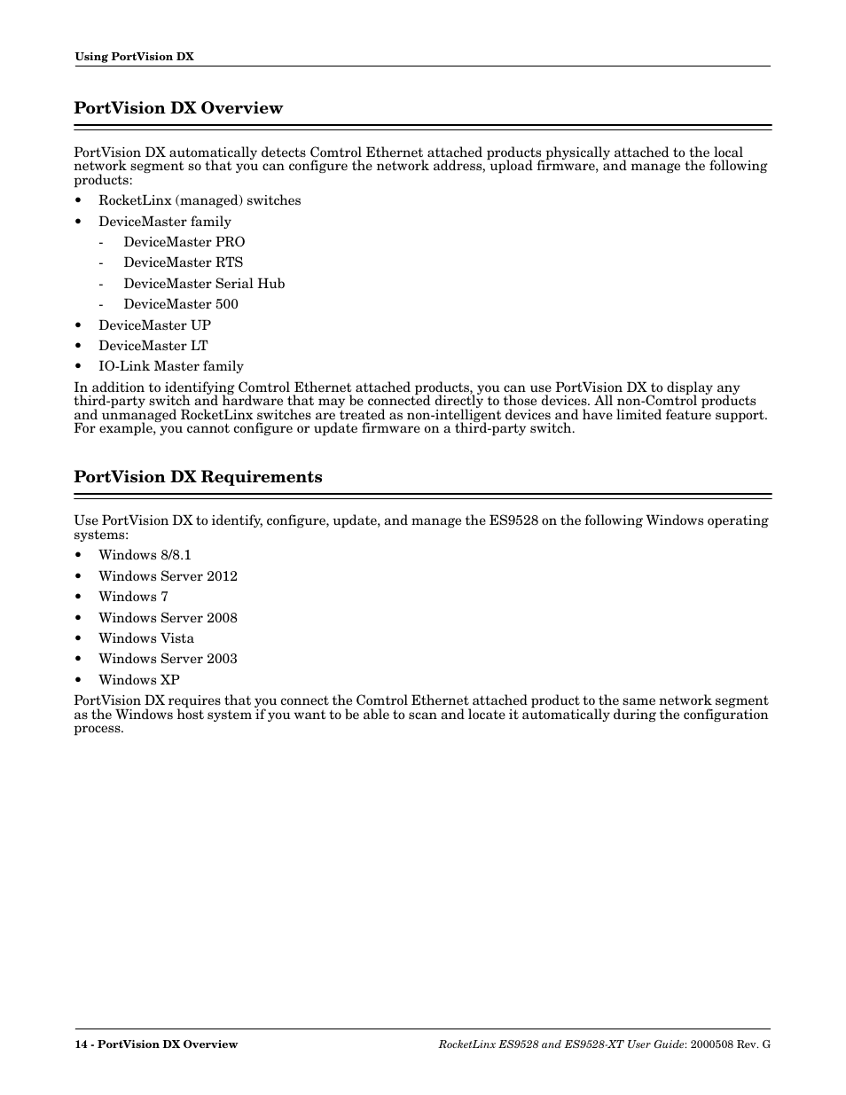 Portvision dx overview, Portvision dx requirements, Portvision dx overview portvision dx requirements | Windows | Comtrol ES9528-XT User Guide User Manual | Page 14 / 212