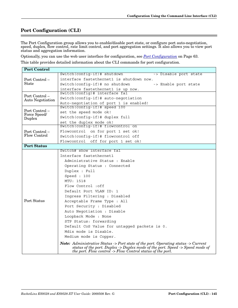 Port configuration (cli) | Comtrol ES9528-XT User Guide User Manual | Page 145 / 212
