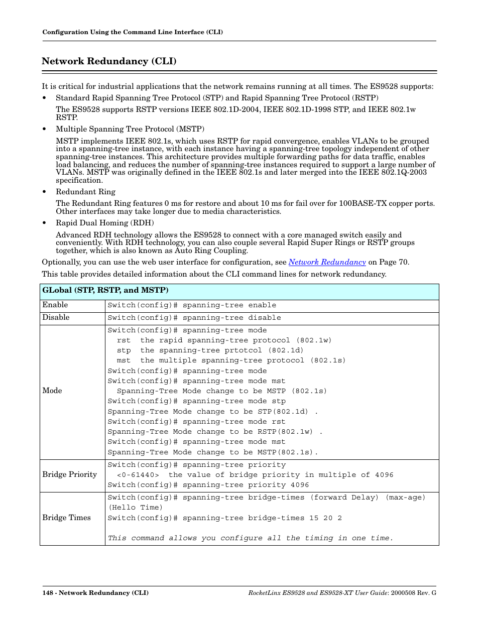 Network redundancy (cli) | Comtrol ES9528-XT User Guide User Manual | Page 148 / 212