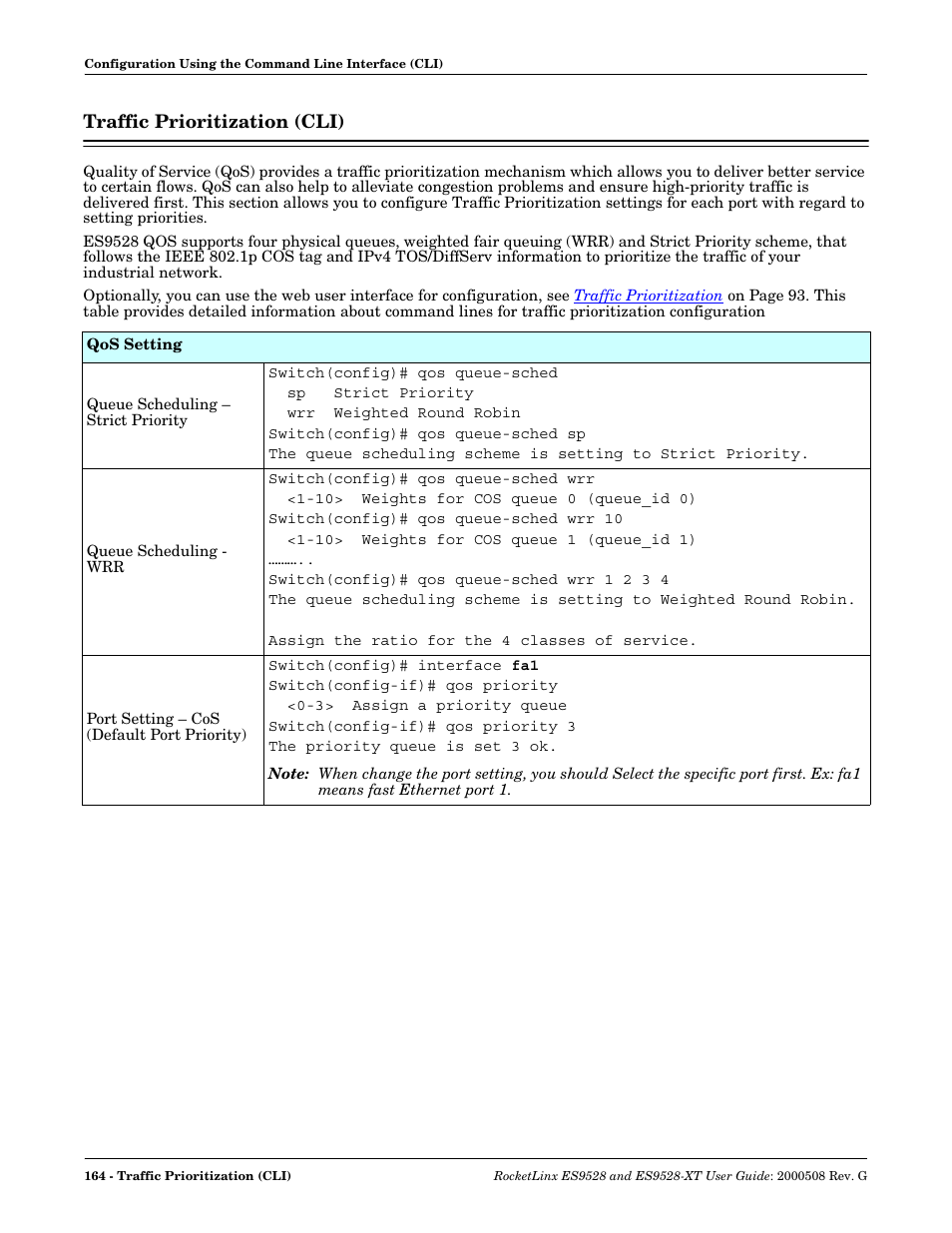 Traffic prioritization (cli) | Comtrol ES9528-XT User Guide User Manual | Page 164 / 212