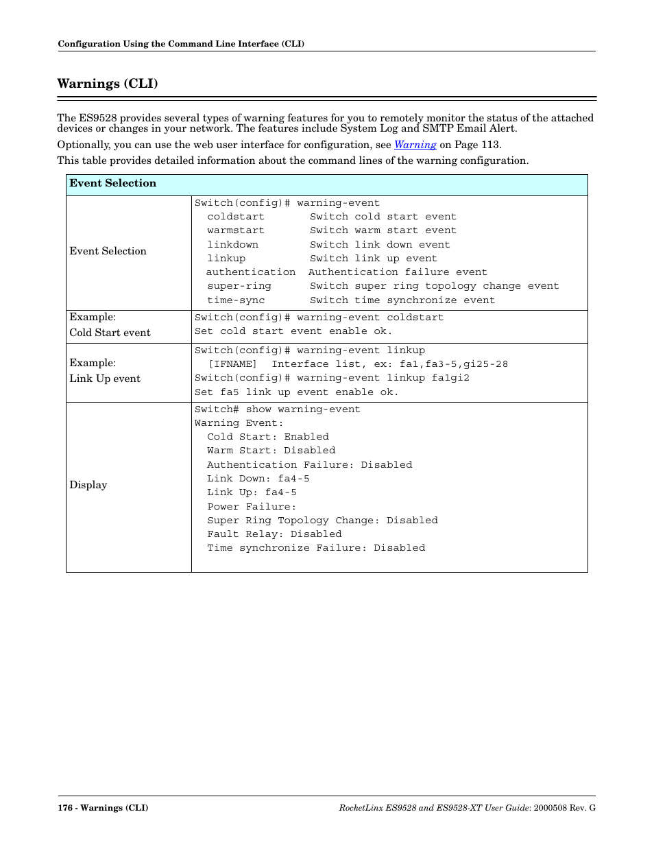 Warnings (cli) | Comtrol ES9528-XT User Guide User Manual | Page 176 / 212