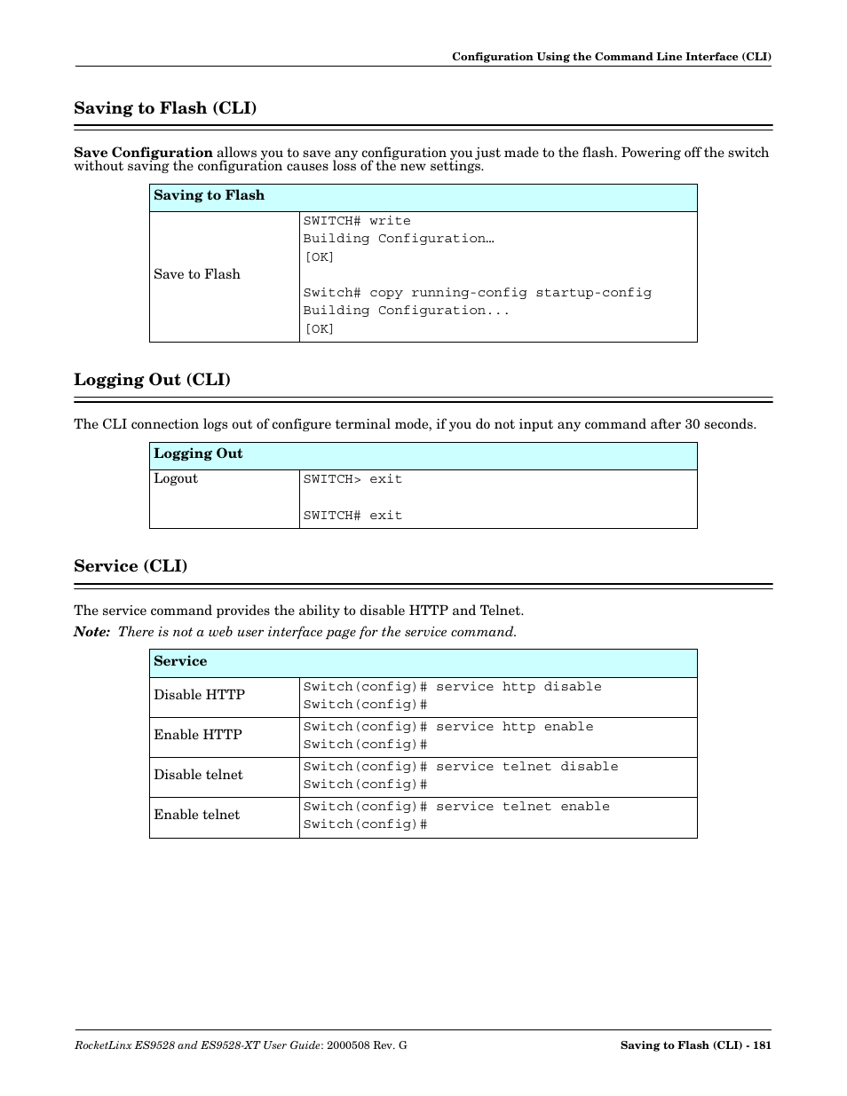 Saving to flash (cli), Logging out (cli), Service (cli) | Comtrol ES9528-XT User Guide User Manual | Page 181 / 212