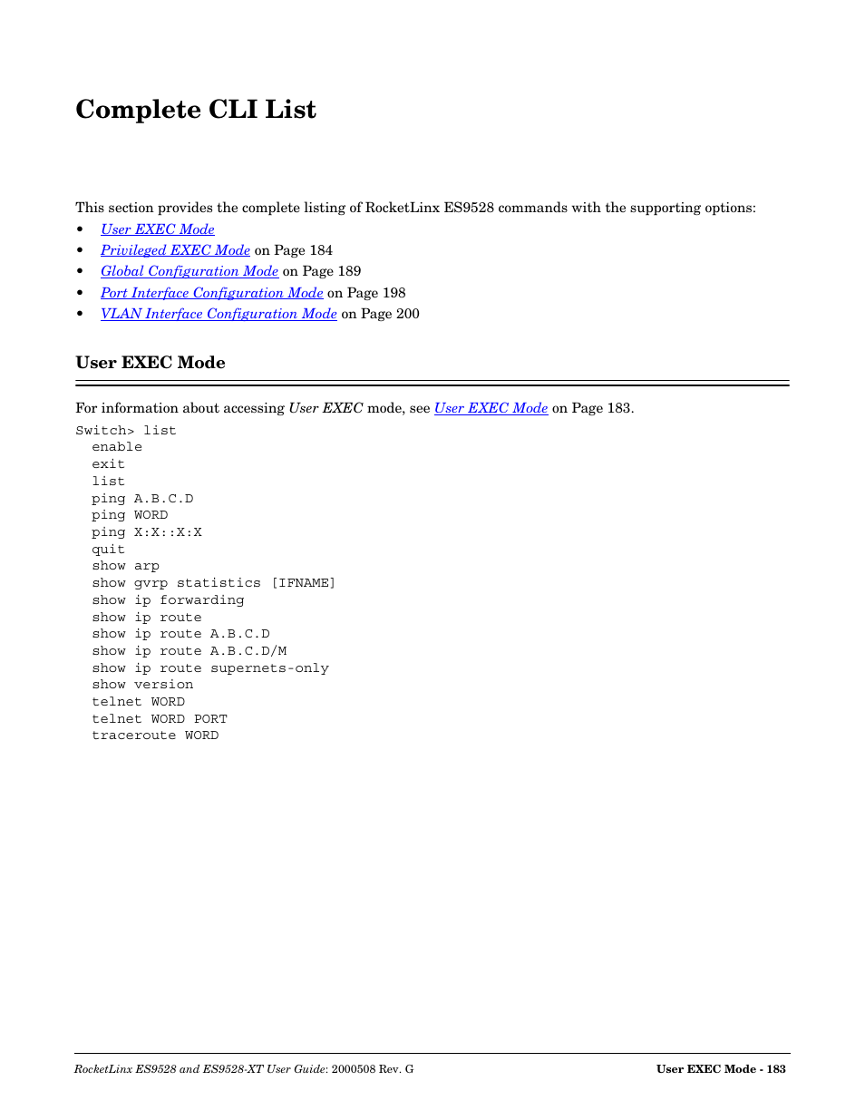 Complete cli list, User exec mode | Comtrol ES9528-XT User Guide User Manual | Page 183 / 212