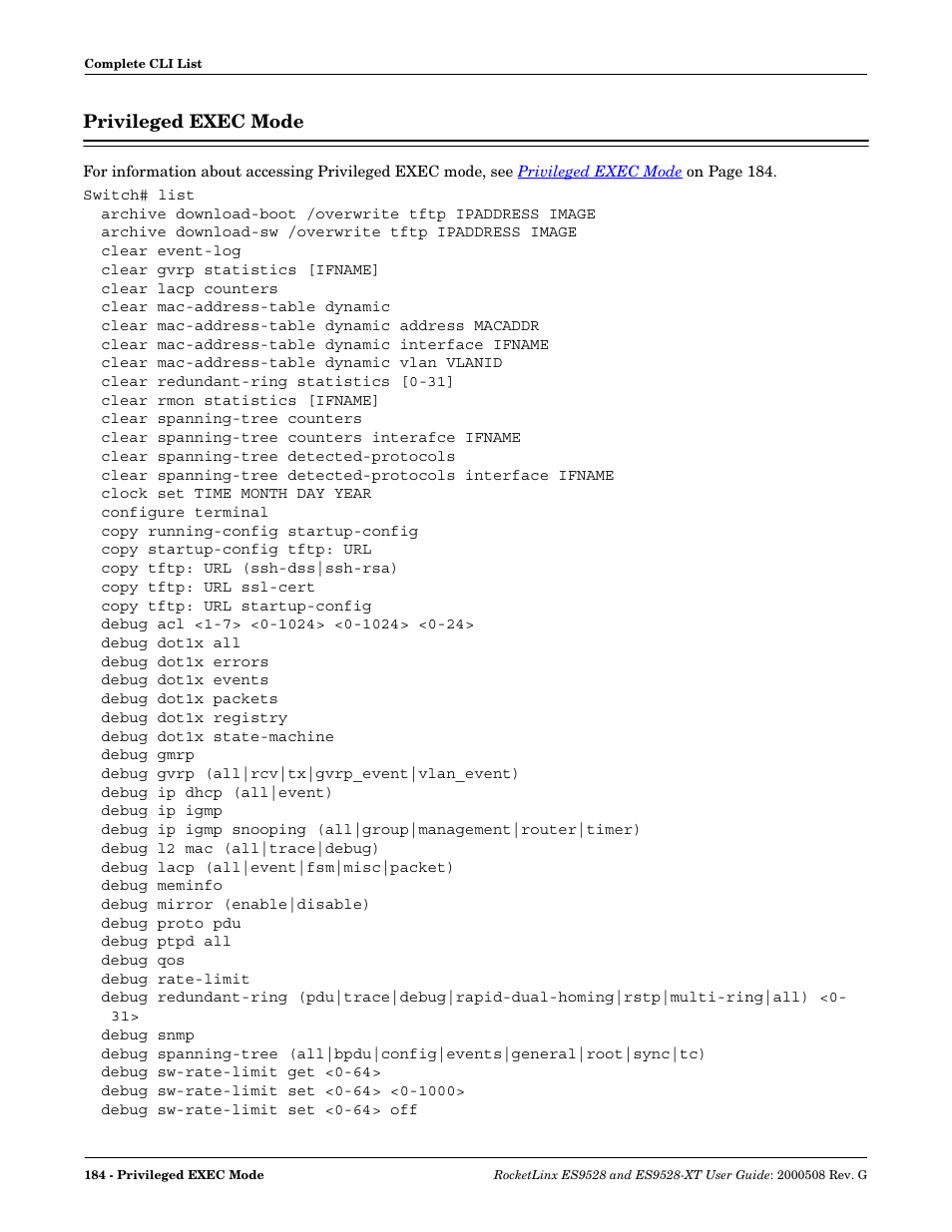 Privileged exec mode | Comtrol ES9528-XT User Guide User Manual | Page 184 / 212