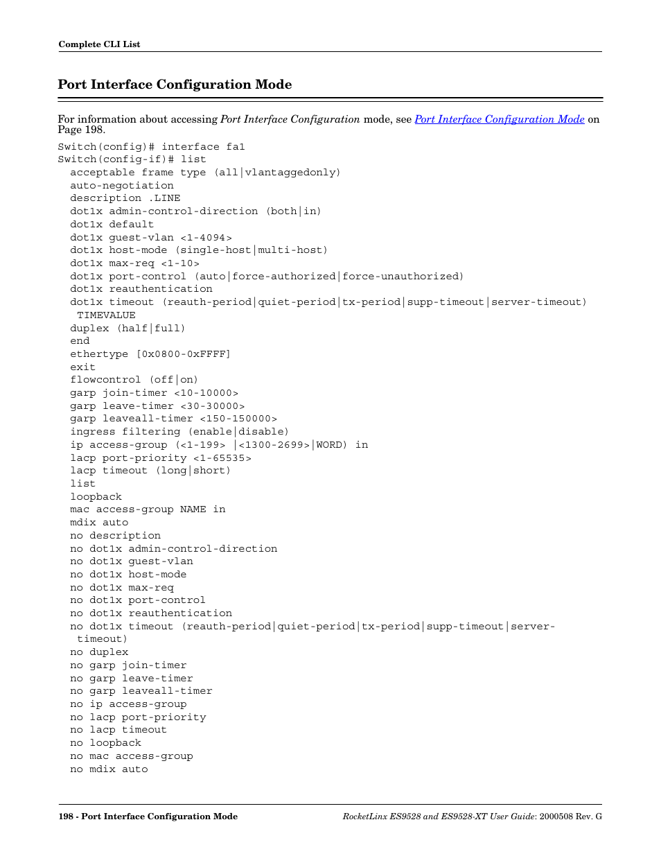Port interface configuration mode | Comtrol ES9528-XT User Guide User Manual | Page 198 / 212