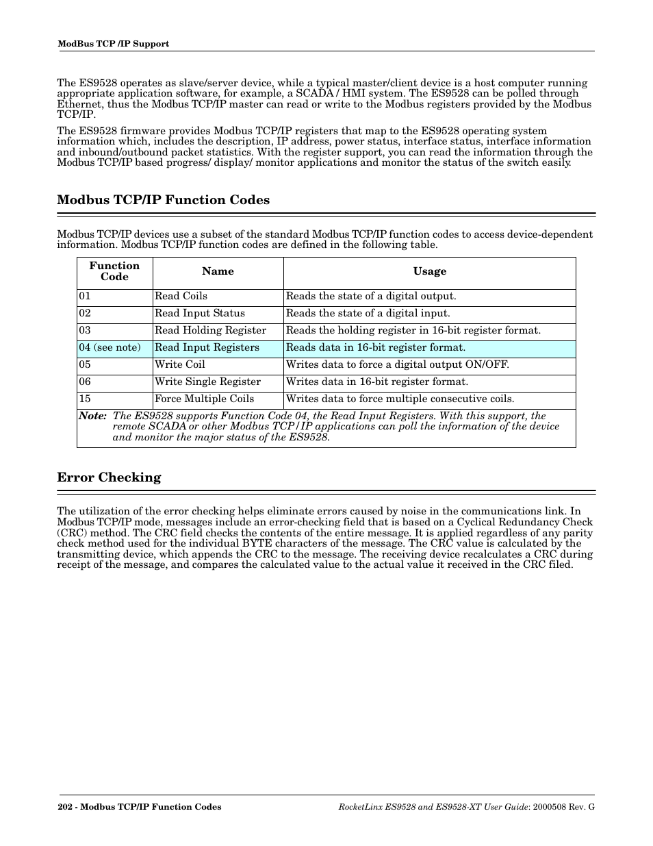 Modbus tcp/ip function codes, Error checking, Modbus tcp/ip function codes error checking | Comtrol ES9528-XT User Guide User Manual | Page 202 / 212