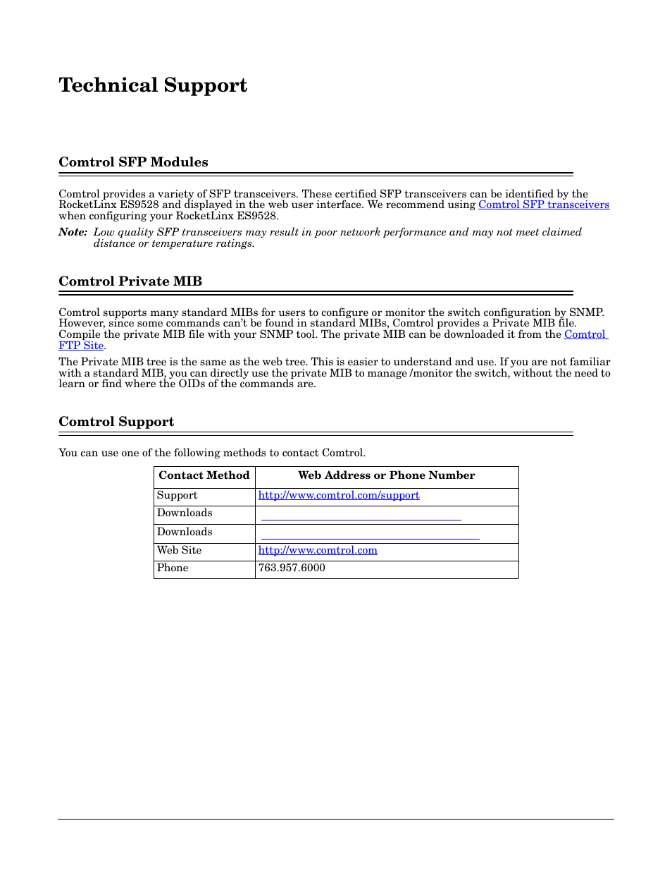 Technical support, Comtrol sfp modules, Comtrol private mib | Comtrol support | Comtrol ES9528-XT User Guide User Manual | Page 211 / 212