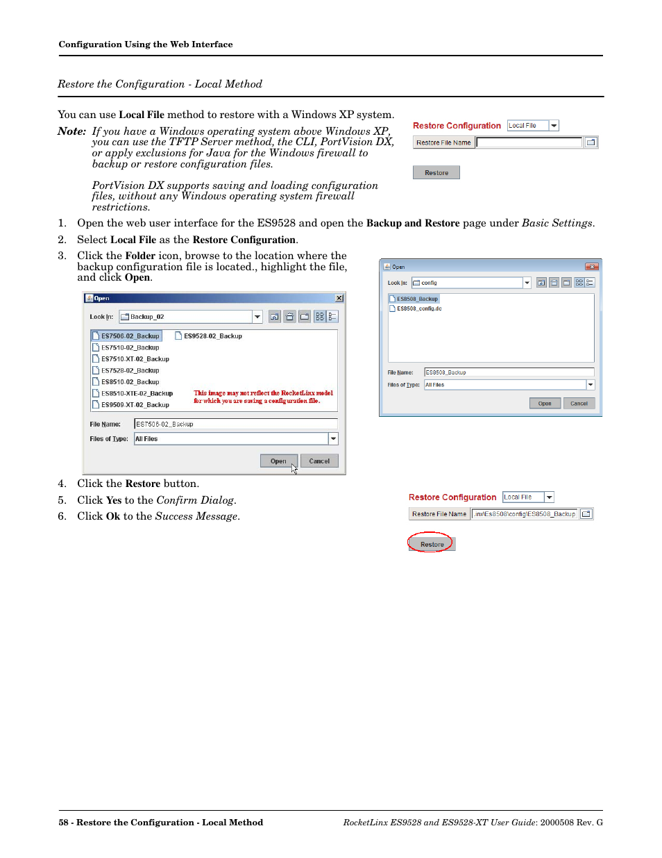 Restore the configuration - local method | Comtrol ES9528-XT User Guide User Manual | Page 58 / 212