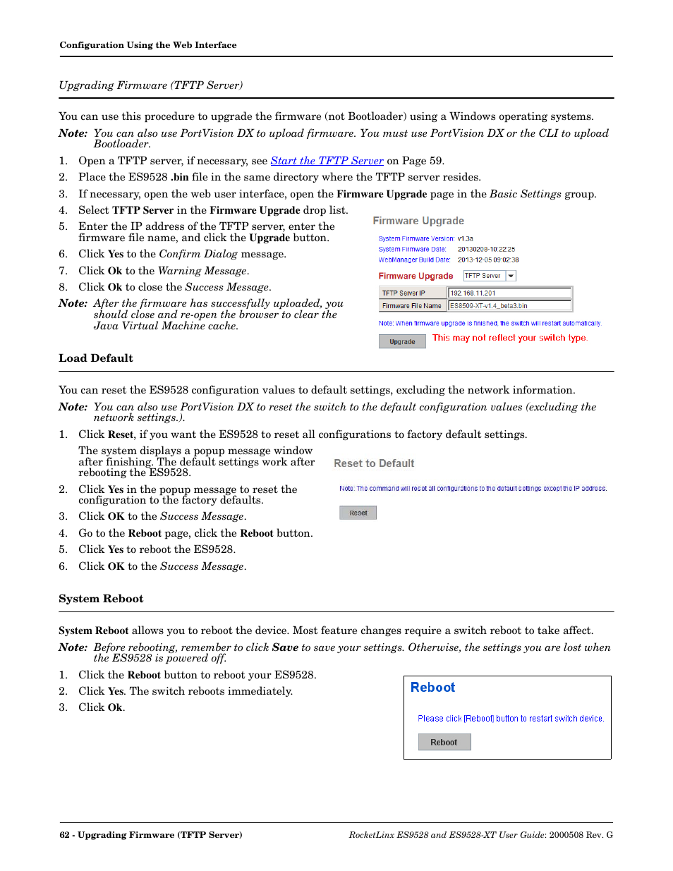 Upgrading firmware (tftp server), Load default, System reboot | Load default system reboot | Comtrol ES9528-XT User Guide User Manual | Page 62 / 212