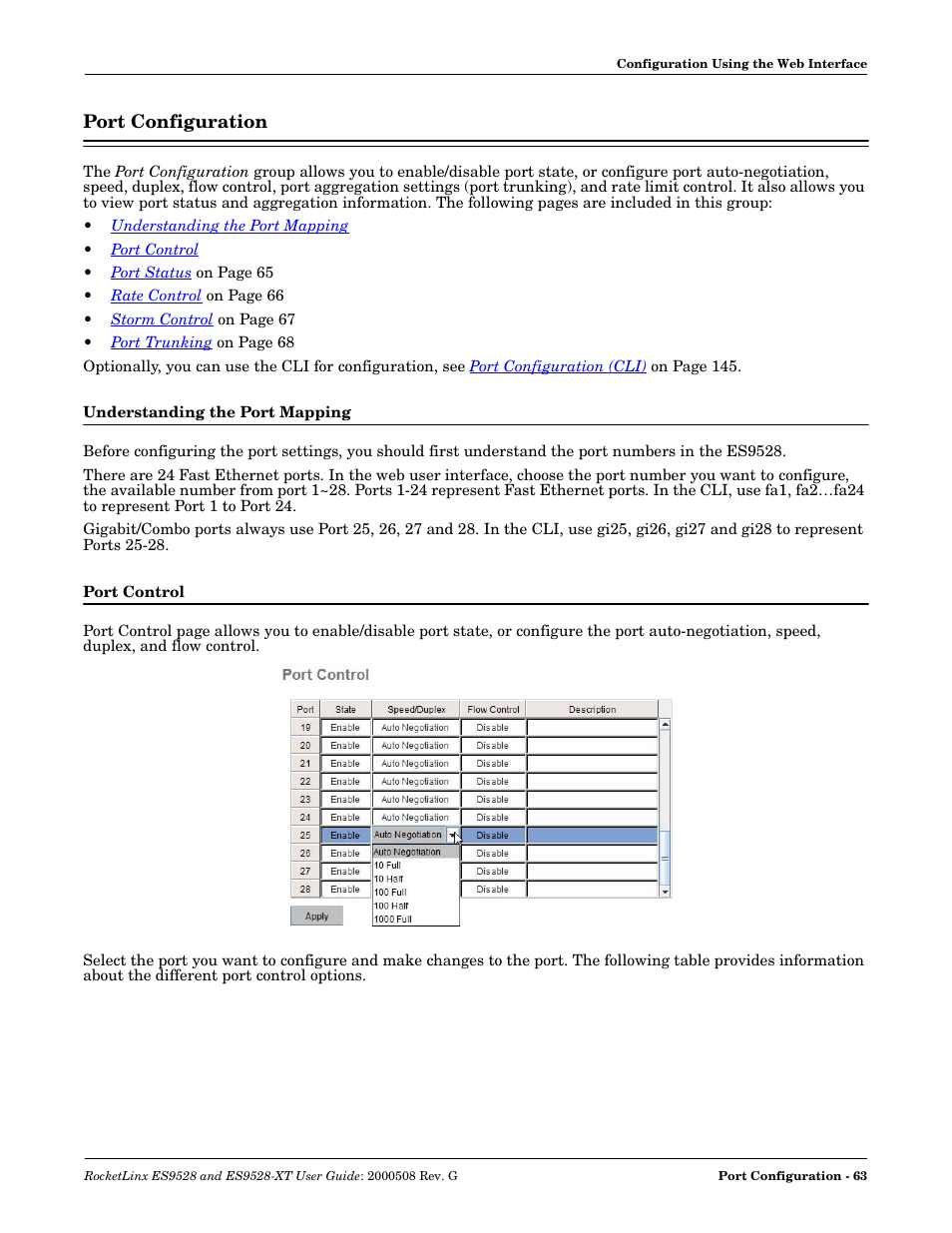 Port configuration, Understanding the port mapping, Port control | Understanding the port mapping port control | Comtrol ES9528-XT User Guide User Manual | Page 63 / 212